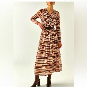 Exquise Bellamy Striped Long Sleeve Knit A-Line Dress in Cream and Brown NWT